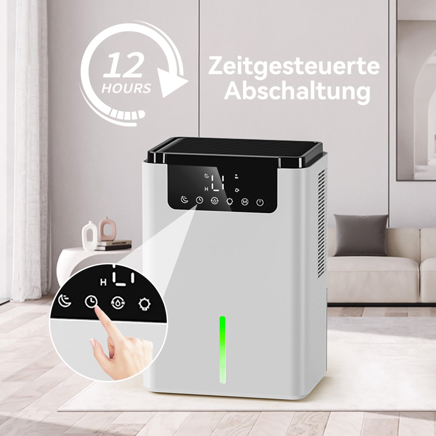 Marvics Luftentfeuchter D2 with digital display and control panel in a living room setting