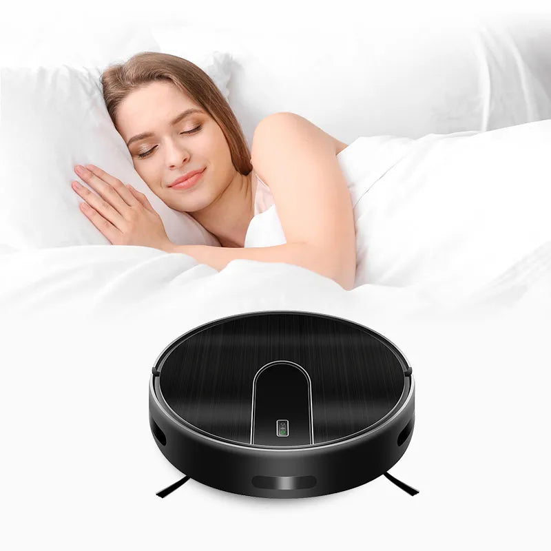 Frau schläft mit schwarzem AreoBot N7S Roboterstaubsauger auf dem Bett