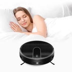 Frau schläft mit schwarzem AreoBot N7S Roboterstaubsauger auf dem Bett