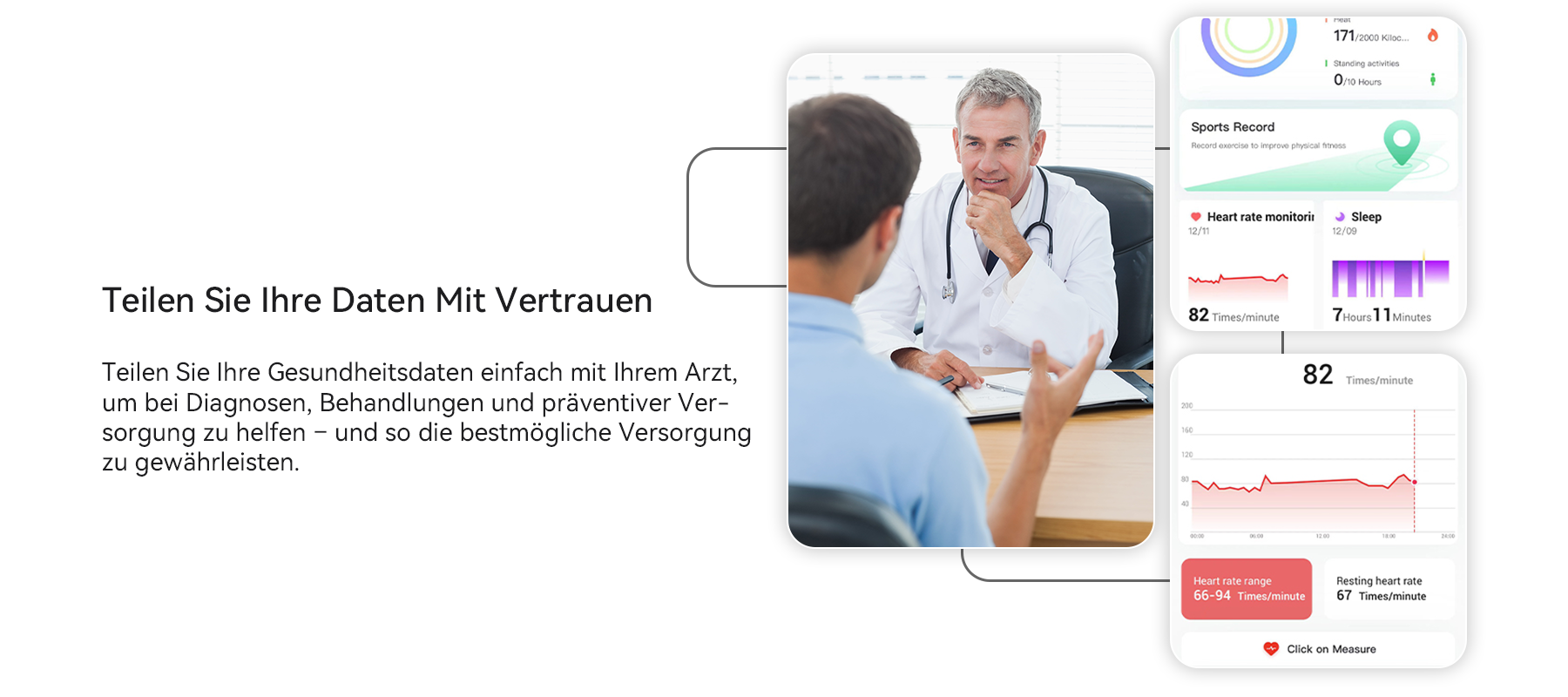 Arzt berät einen Patienten mit Fokus auf der Benutzeroberfläche einer Gesundheitsdaten-Tracking-App