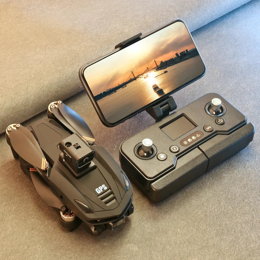 Caracen V168 Pro Max Drohne und Smartphone mit Sonnenuntergangsszene über Wasser auf strukturierter Oberfläche