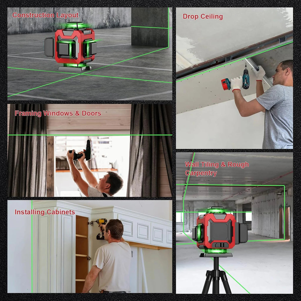 Collage eines LynorHome Kreuzlinienlasers im Einsatz in verschiedenen Bauszenarien
