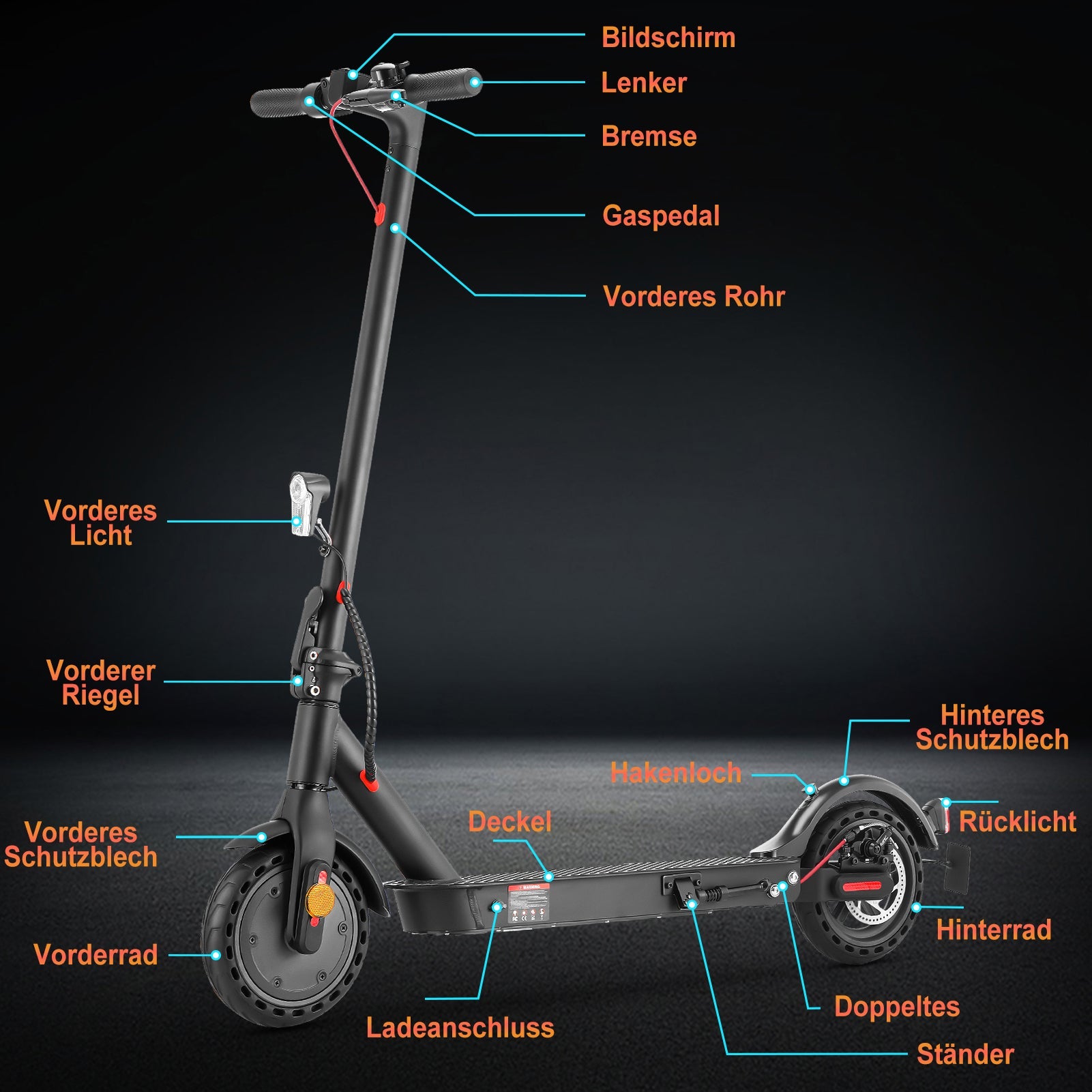Diagramm eines LynorHome E9 E-Scooters mit Straßenzulassung mit beschrifteten Teilen auf schwarzem Hintergrund
