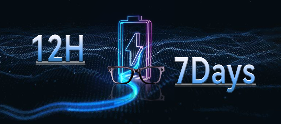 Digitales Display mit Batteriesymbol, „12H“-Text und „7Days“-Text vor dunklem Hintergrund