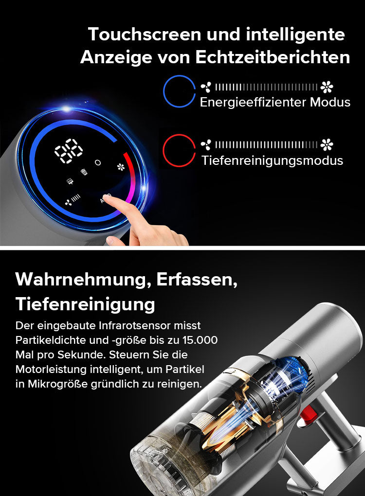 Digitales Display mit Touchscreen und intelligentem Echtzeit-Statusanzeiger, zeigt energieeffiziente und Tiefenreinigungsmodi
