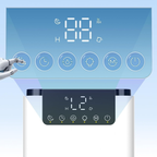 Digitales Display mit Uhrzeit und Temperatur auf hellblauem Hintergrund