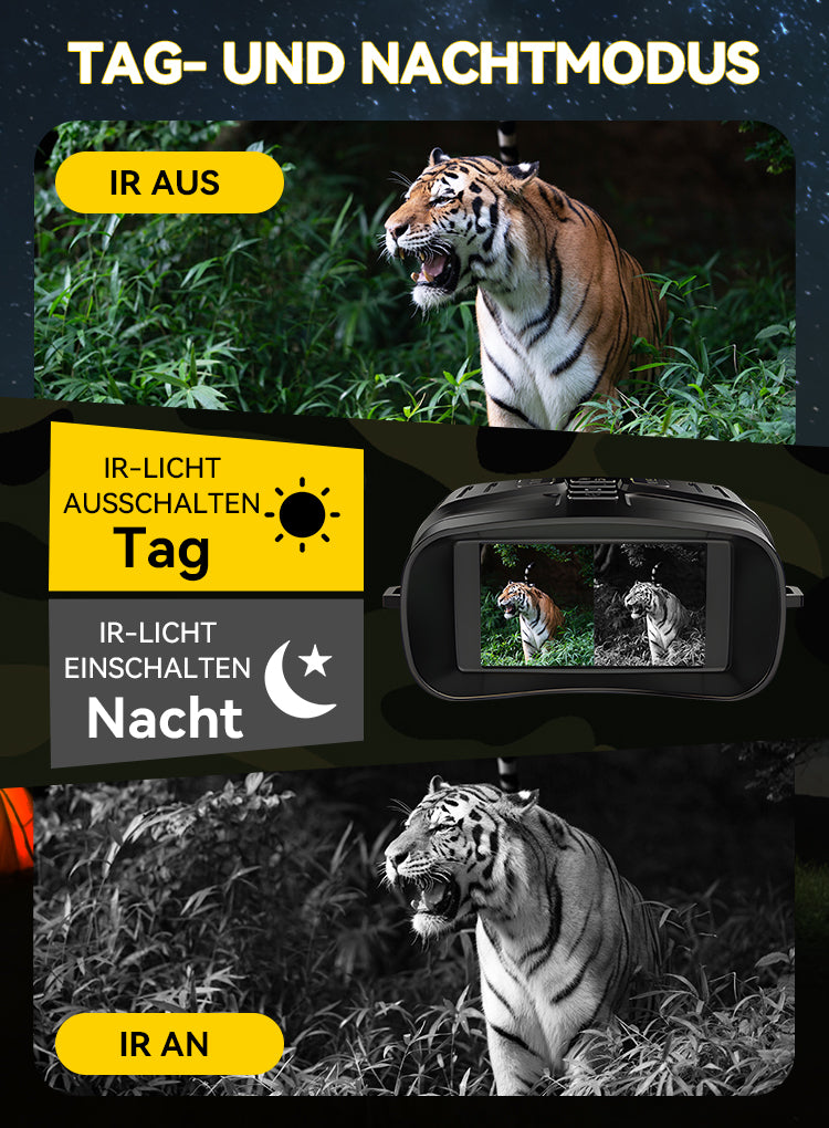 Dual-Use-Tag- und Nachtvision LynorHome N4 Nachtsichtgerät mit Tigerbildern auf dem Bildschirm
