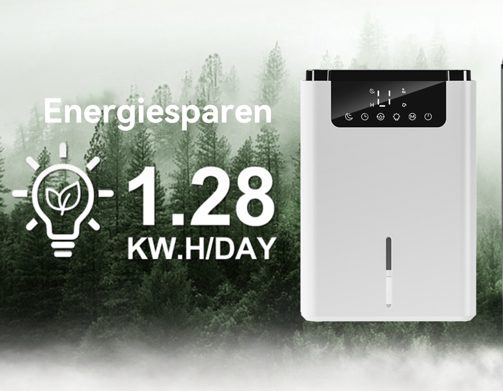 Energiesparendes Gerät mit Leistungsanzeige vor Waldbhintergrund