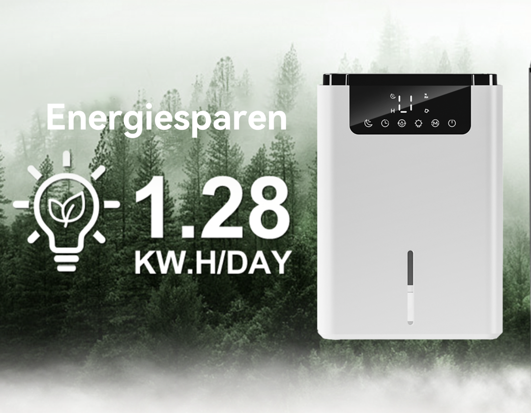 Energiesparendes Gerät mit Leistungsanzeige vor Waldbhintergrund