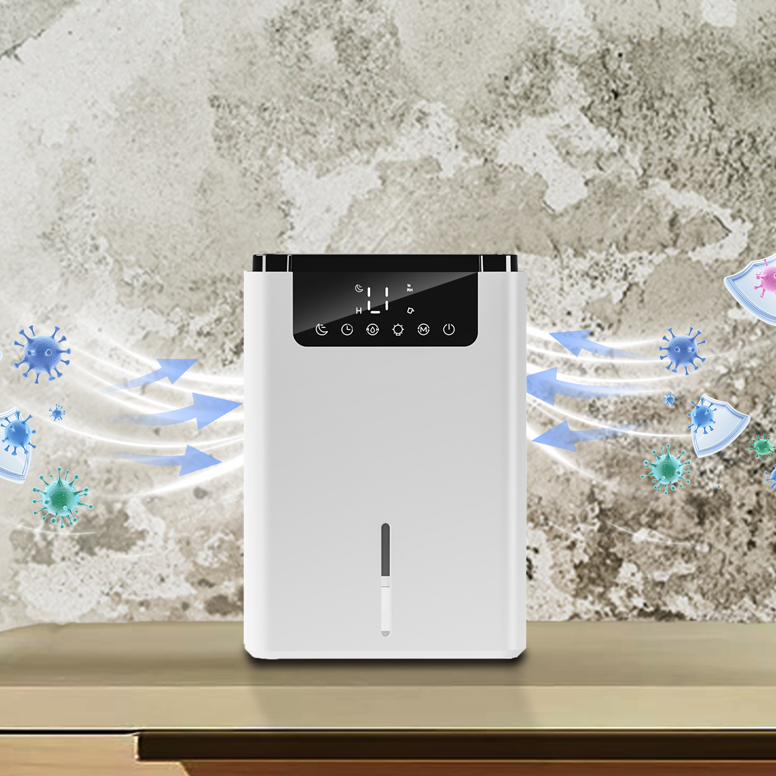 Energiesparendes Gerät mit Leistungsanzeige vor Waldbhintergrund