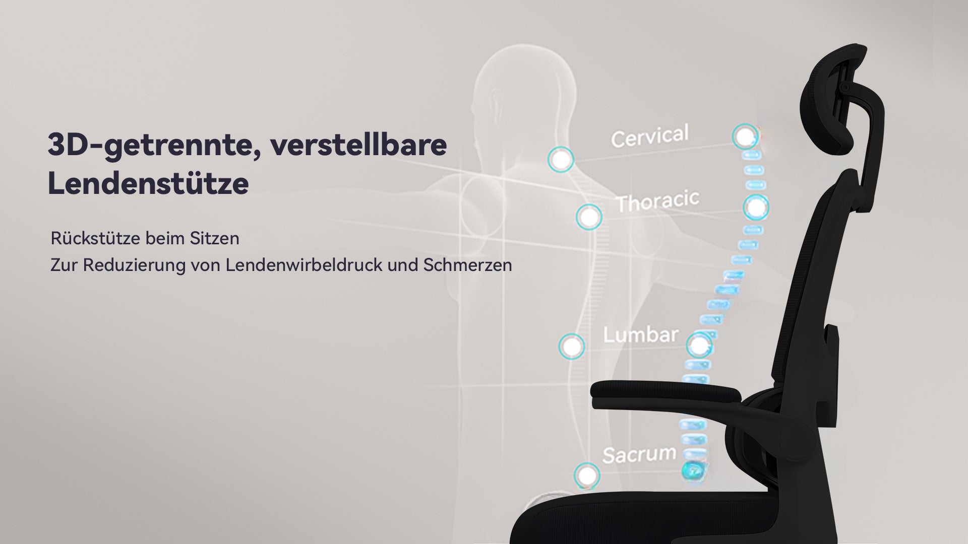 Ergonomischer LynorHome Bürostuhl mit beschrifteten 3D-getrennten verstellbaren Lendenstützen auf grauem Hintergrund