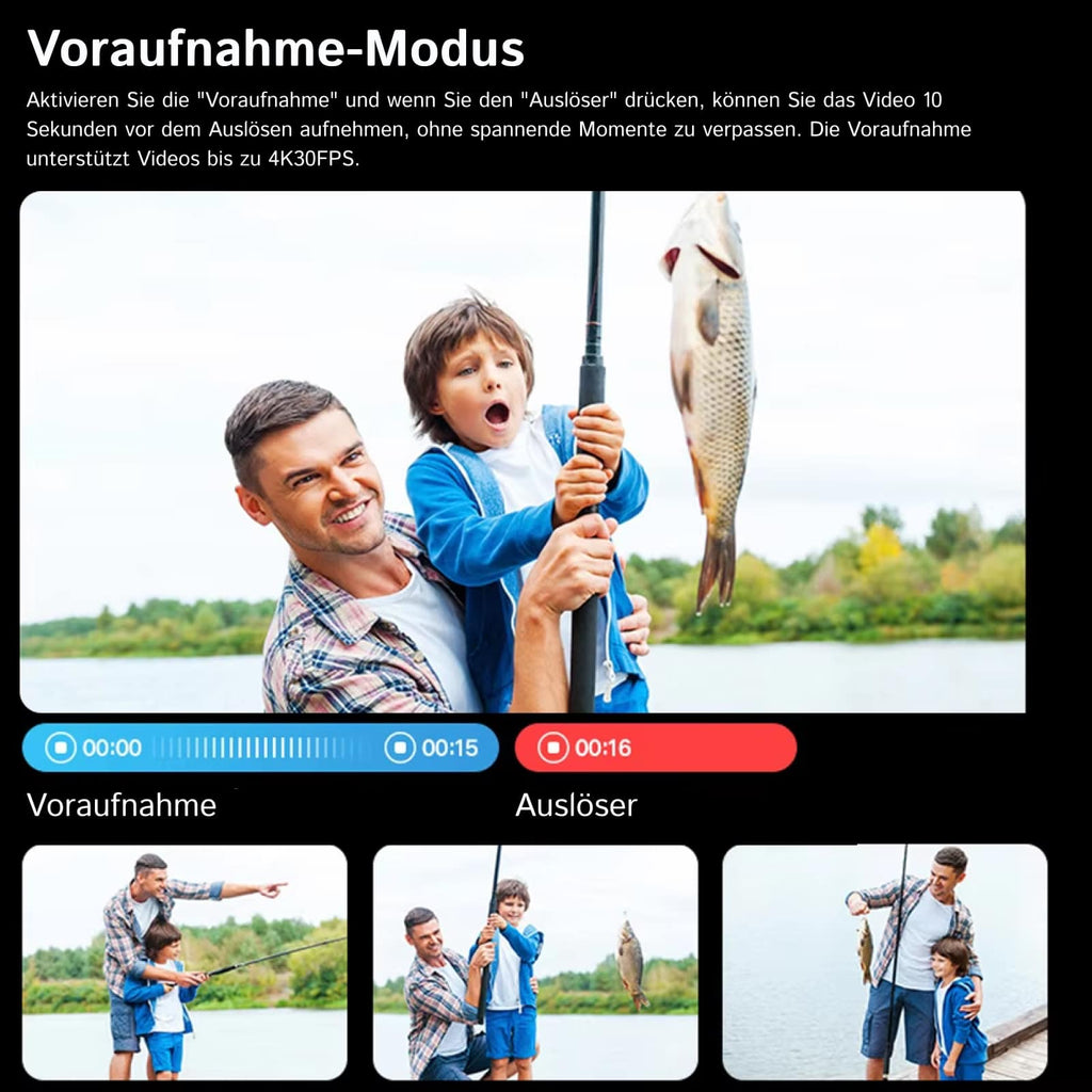 Familie angelt an einem See mit Text über den Voraufnahmemodus auf einem Smartphone-Bildschirm