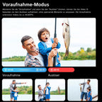 Familie angelt an einem See mit Text über den Voraufnahmemodus auf einem Smartphone-Bildschirm