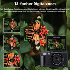 Fotyraz Digitalkamera mit 18-fachem Digitalzoom, zeigt einen Schmetterling auf einer Blume