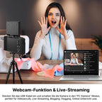 Frau benutzt eine Fotyraz Digitalkamera mit einem Laptop, der einen Livestream anzeigt, auf einem Holztisch