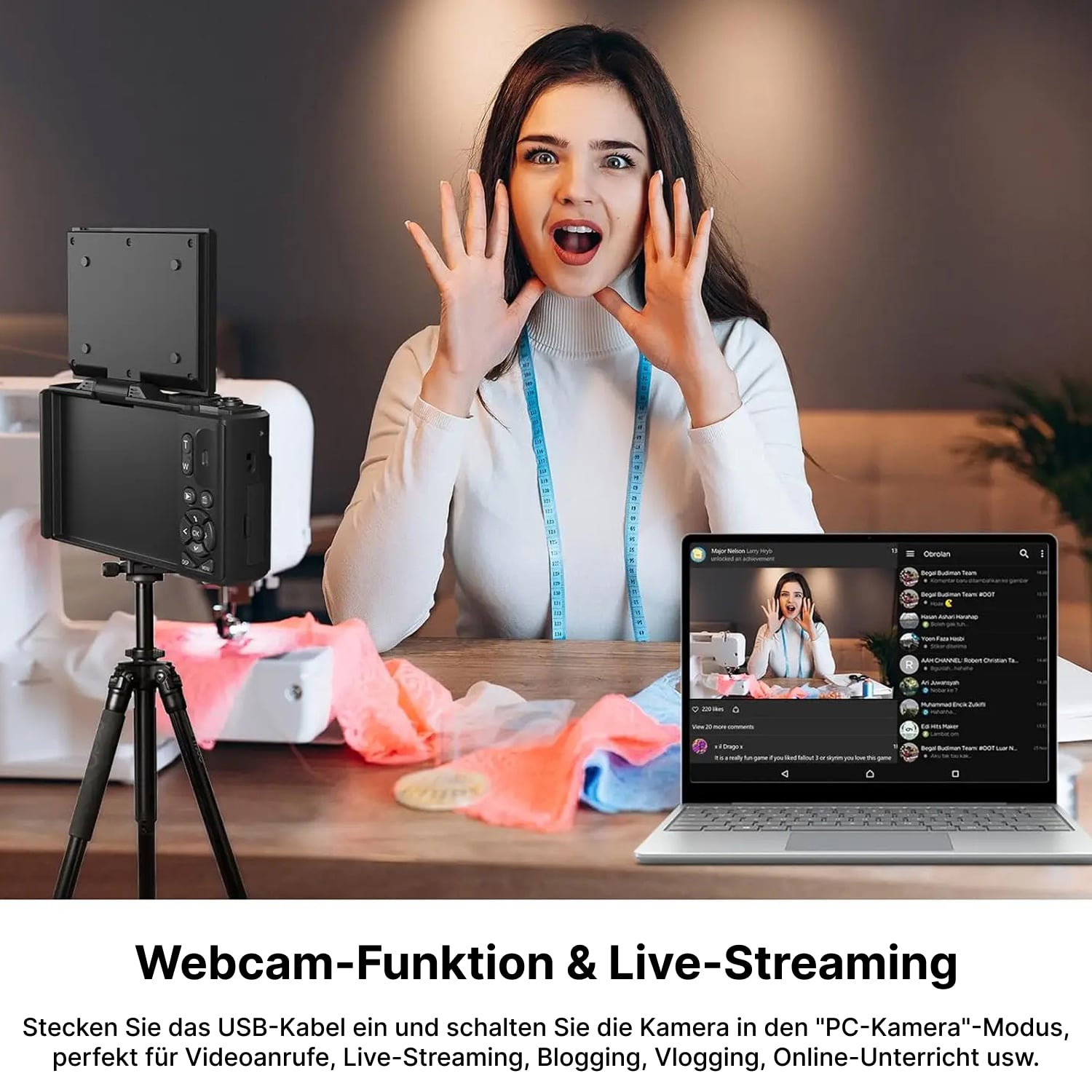 Frau benutzt eine Fotyraz Digitalkamera mit einem Laptop, der einen Livestream anzeigt, auf einem Holztisch