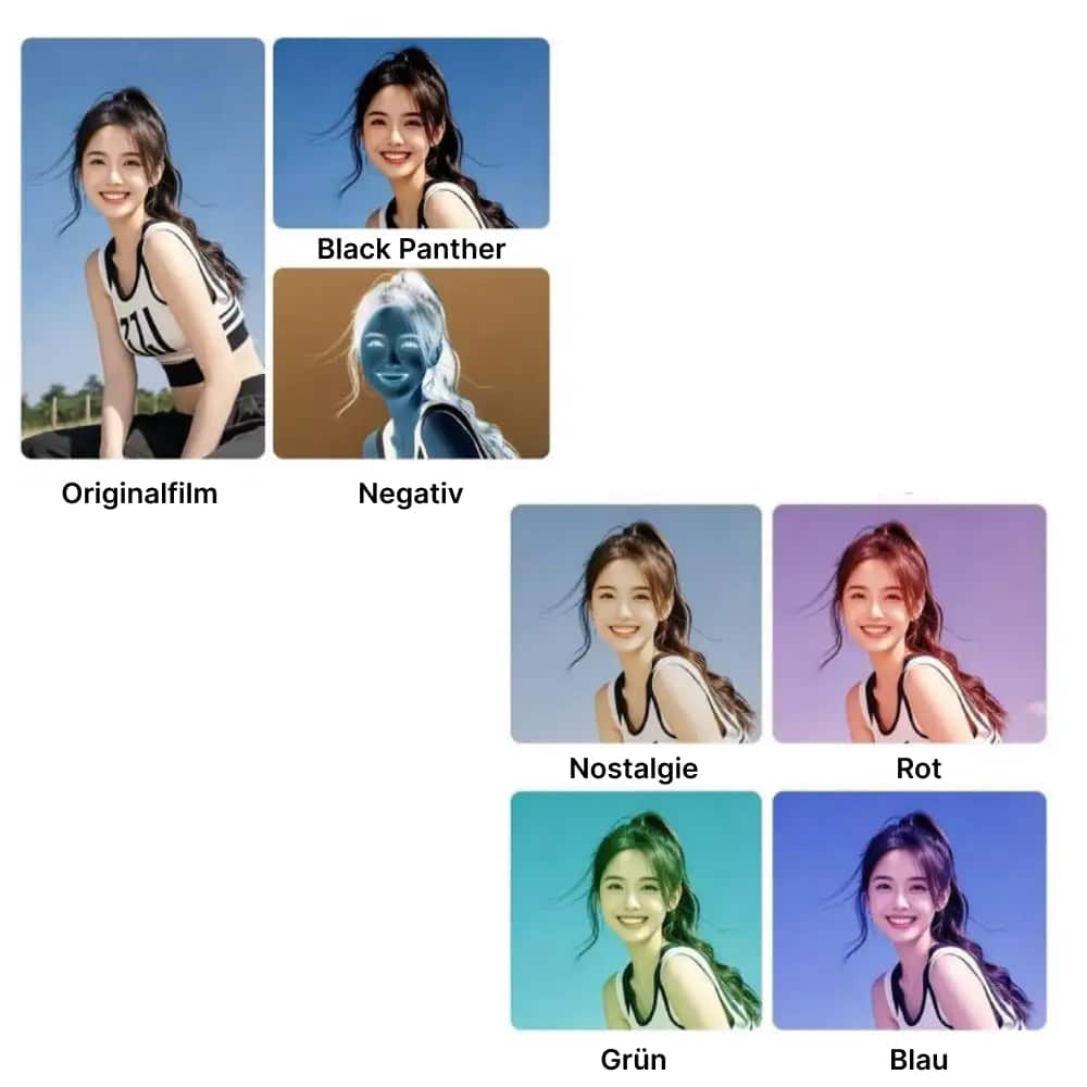 Collage einer Frau mit verschiedenen auf ihr Bild angewendeten Farbfiltern