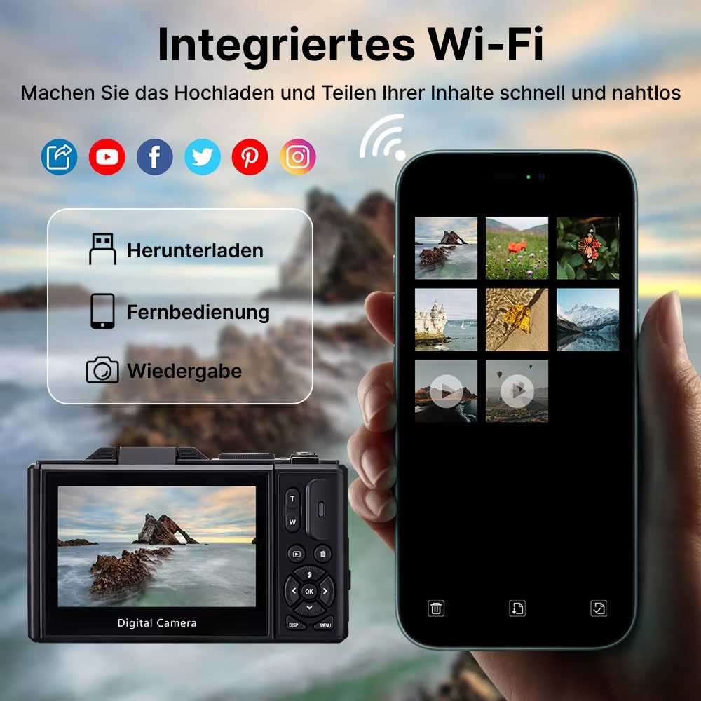 Fotyraz Digitalkamera und Smartphone mit integrierten WLAN-Funktionen vor malerischem Hintergrund
