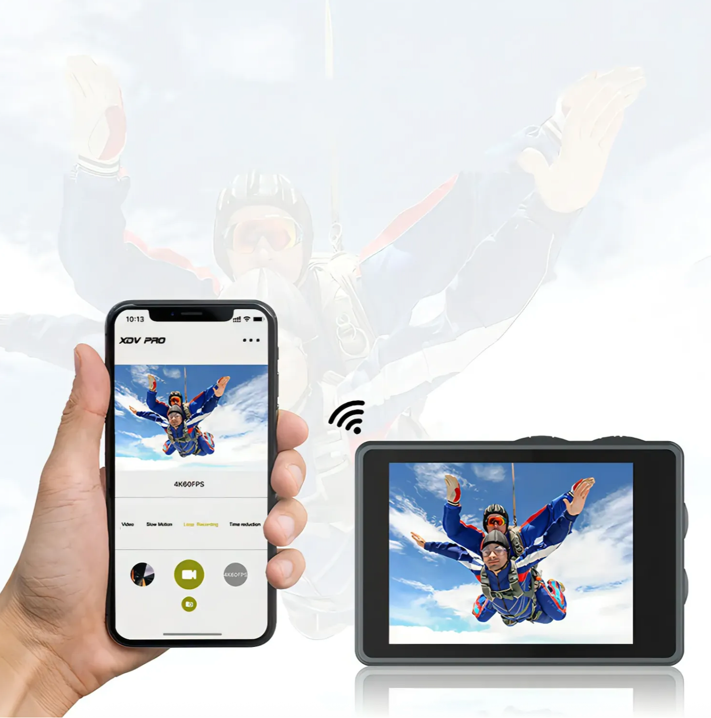 Hand mit Smartphone und Drohnen-App sowie Swevix Action Kamera zeigt Fallschirmsprung-Szene