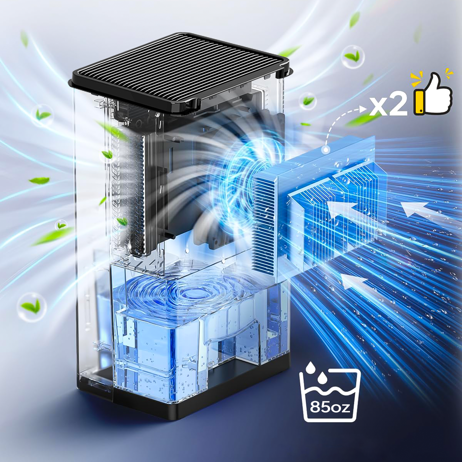 Klarer Wasserfilter mit blauer Flüssigkeit und schwarzem Deckel auf hellgrauem Hintergrund