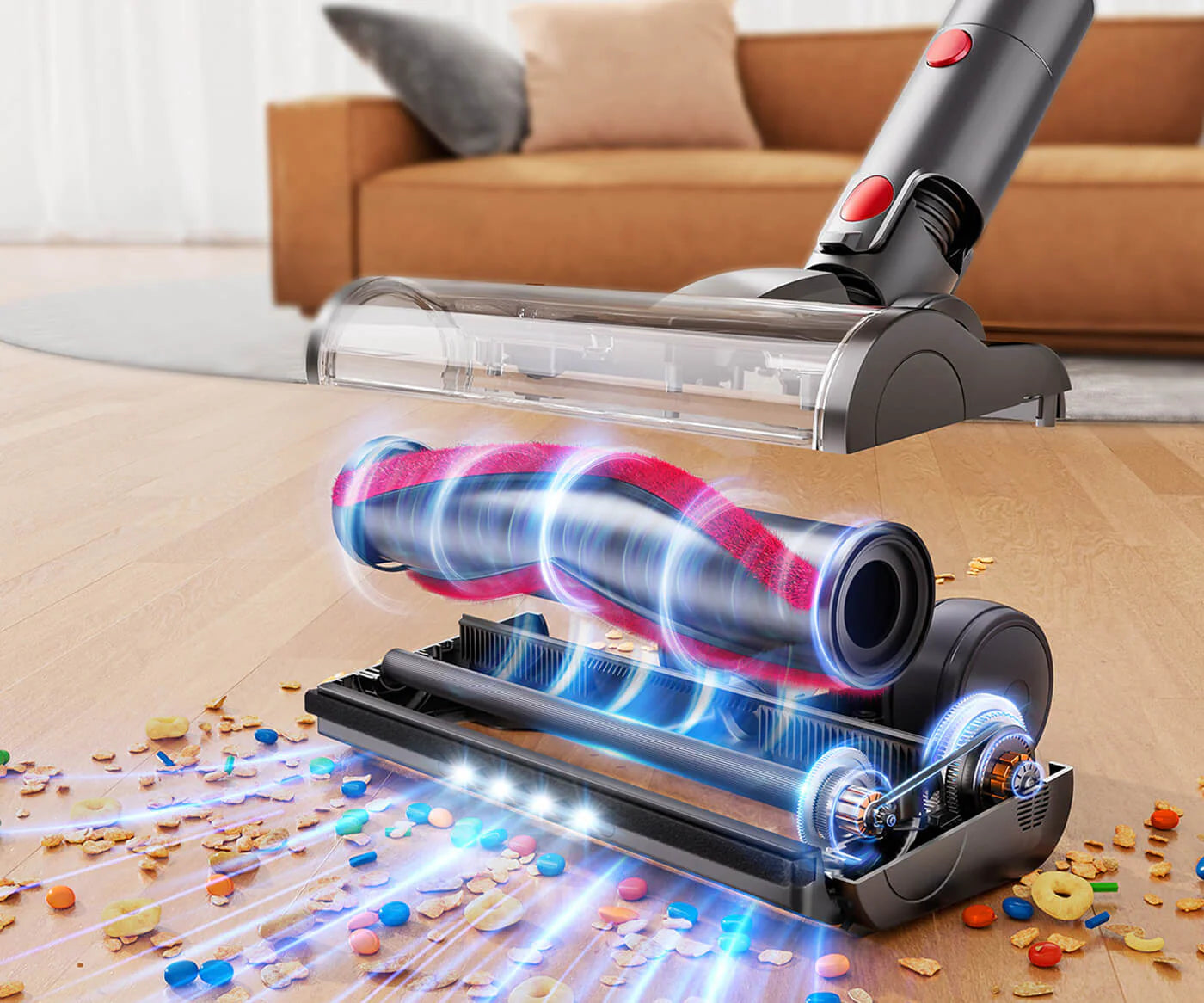 Laresar Vantage 7 Reiniger reinigt einen Teppich mit buntem Spielzeug auf dem Boden verstreut
