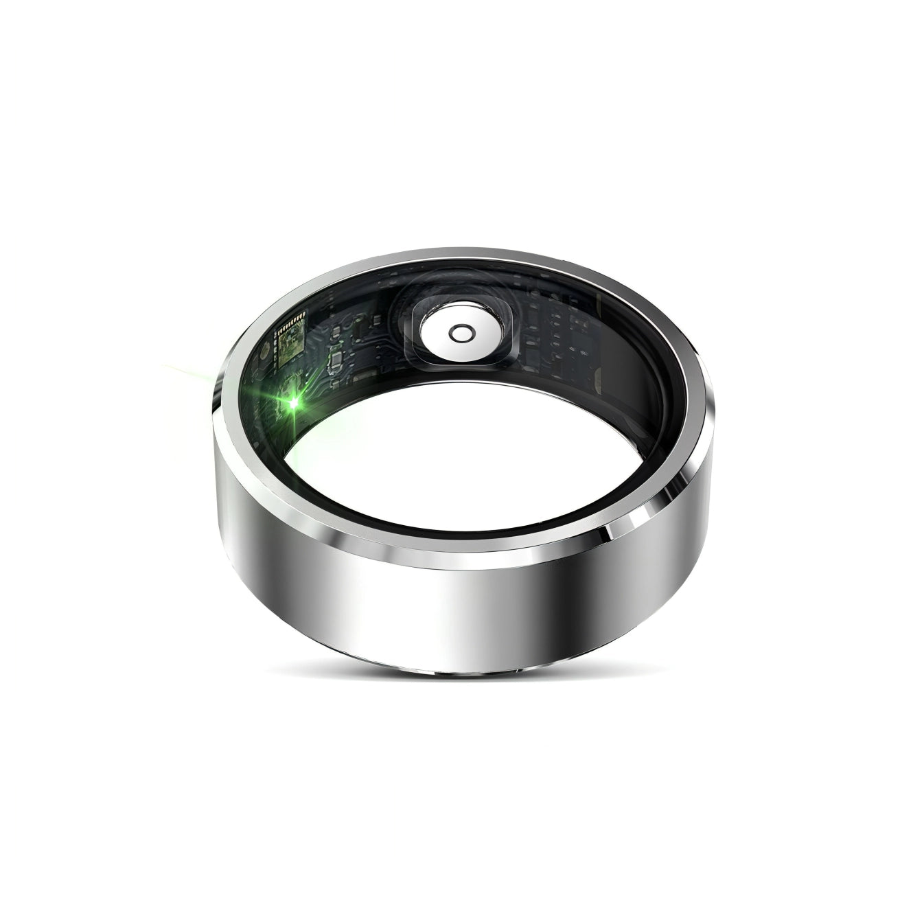 Silber Lazvik Smart Ring mit elektronischen Komponenten auf weißem Hintergrund