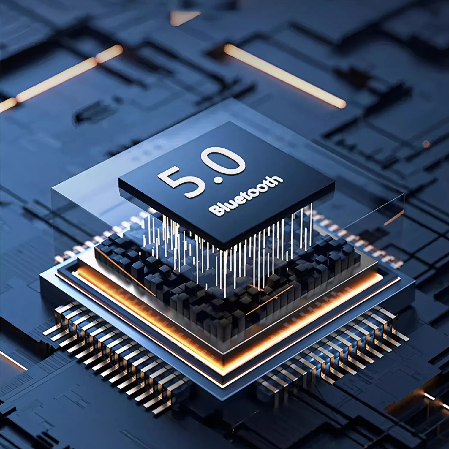 Nahaufnahme eines Bluetooth-Chips mit der Aufschrift „5.0“ vor Leiterplattenhintergrund