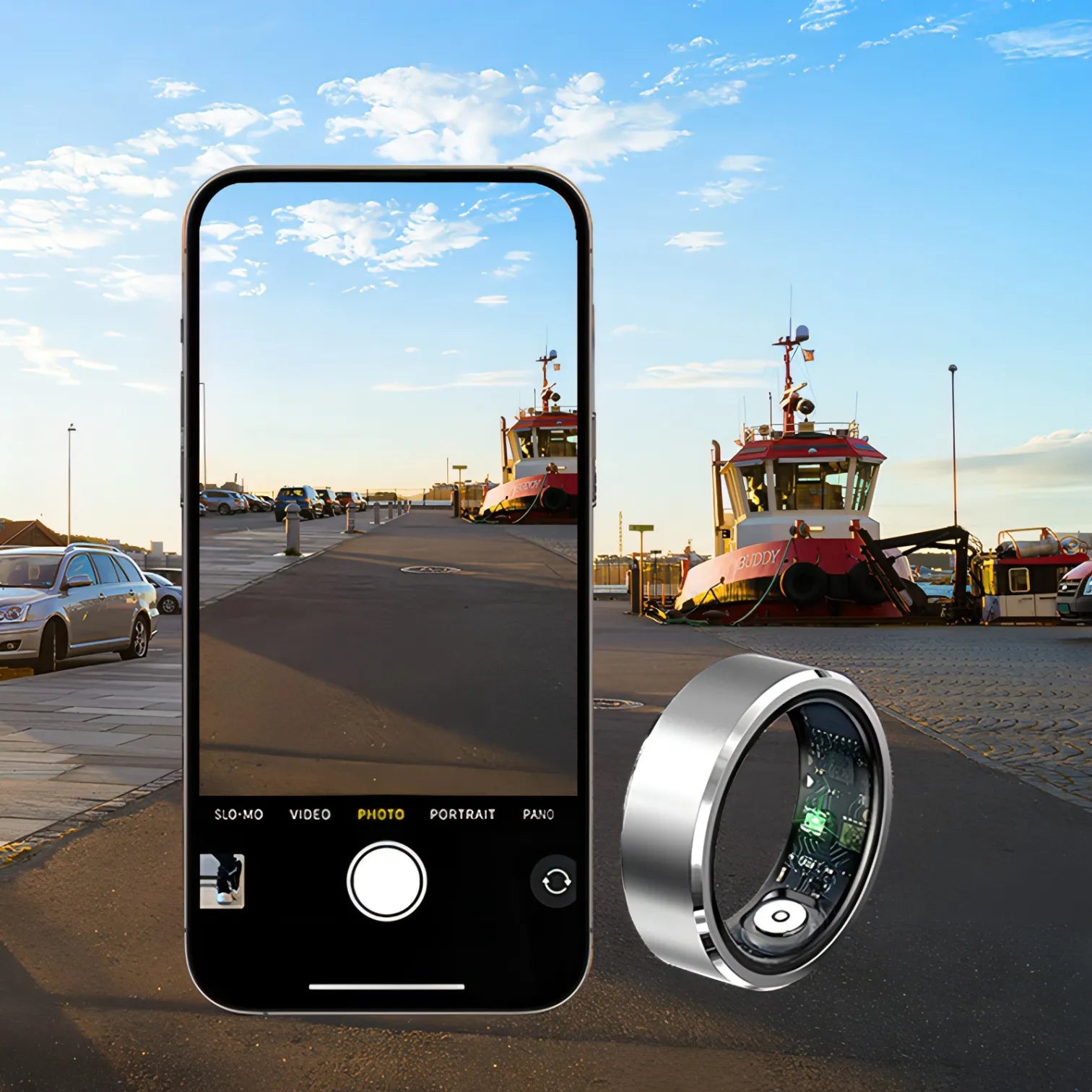 Lazvik Smart Ring mit Smartphone-App-Oberfläche, die eine Kamerasicht auf eine Hafenszene zeigt