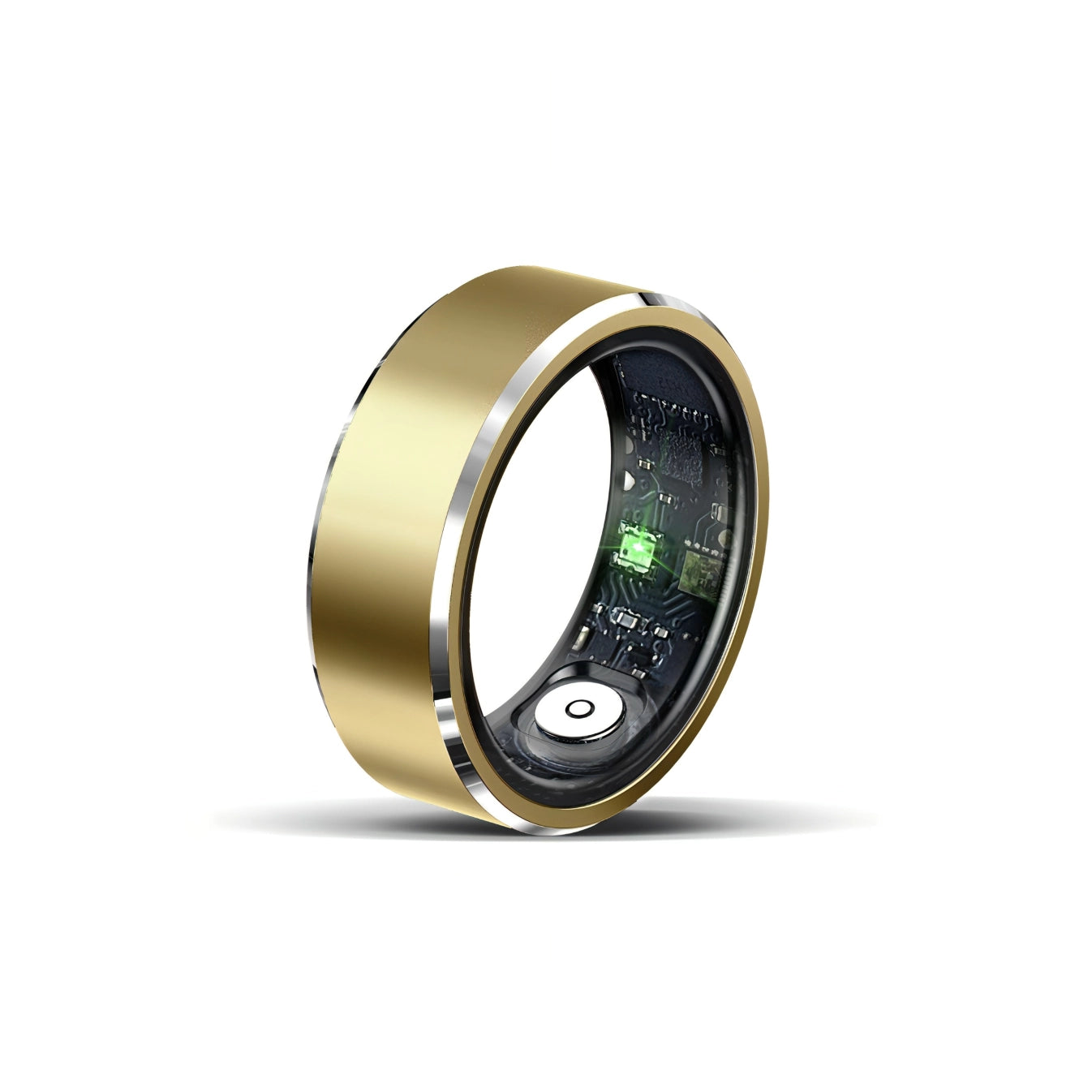 Lazvik Smart Ring gold mit elektronischen Komponenten auf weißem Hintergrund