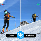 Zwei Skifahrer auf einem Berg mit dem Textoverlay „Ours vs Others“