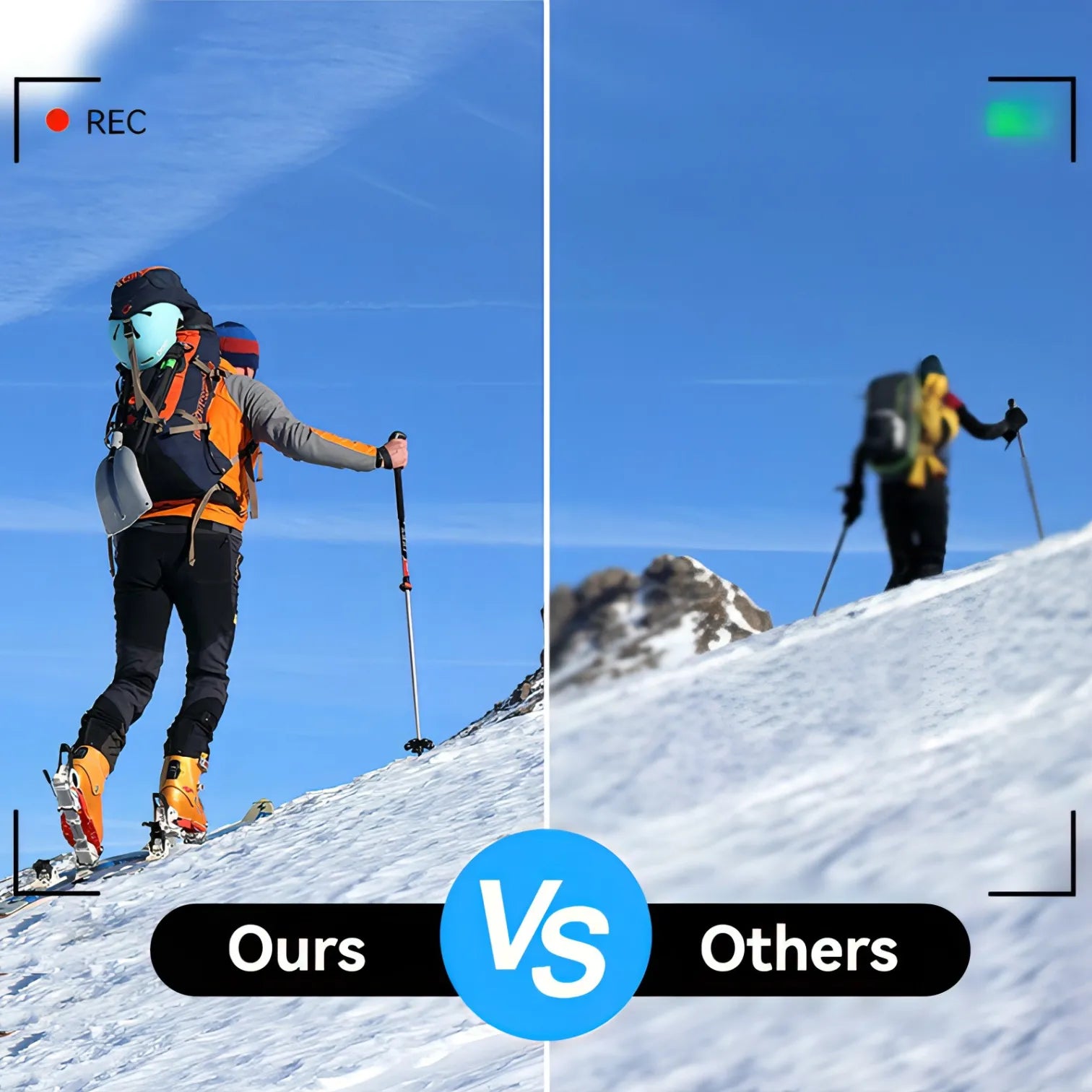 Zwei Skifahrer auf einem Berg mit dem Textoverlay „Ours vs Others“