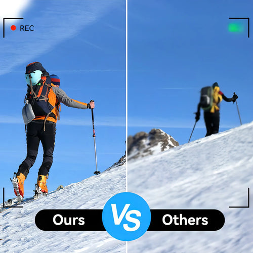 Zwei Skifahrer auf einem Berg mit dem Textoverlay „Ours vs Others“