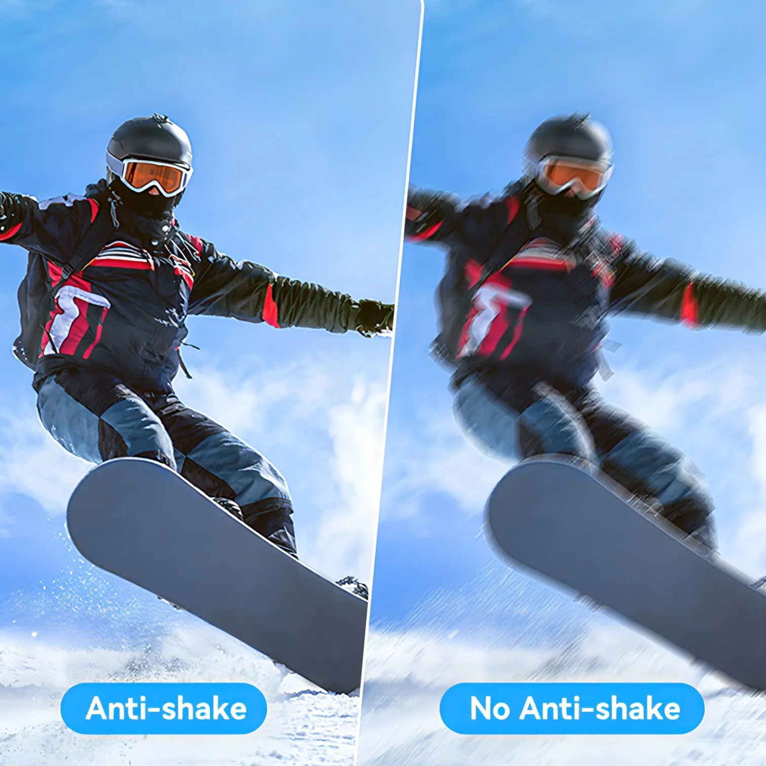 Gegenüberstellung eines Snowboarders mit Anti-Shake links und ohne Anti-Shake rechts vor blauem Himmel