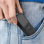 Hand steckt eine kleine schwarze Lazvik Taschenkamera in eine blaue Jeans-Tasche