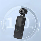 Schwarze Lazvik Taschenkamera mit kreisförmigem Designelement auf hellblauem Hintergrund