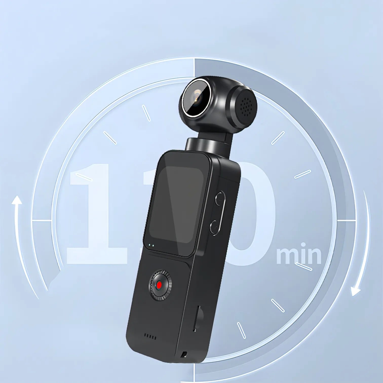 Schwarze Lazvik Taschenkamera mit kreisförmigem Designelement auf hellblauem Hintergrund