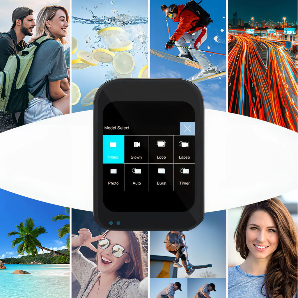 Schwarze Lazvik Taschenkamera mit Benutzeroberfläche auf einer Collage aus verschiedenen Bildern von Menschen, Natur und Aktivitäten