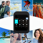 Schwarze Lazvik Taschenkamera mit Benutzeroberfläche auf einer Collage aus verschiedenen Bildern von Menschen, Natur und Aktivitäten