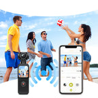 Smartphone mit App-Oberfläche, die eine Strandszene mit Volleyball spielenden Personen zeigt, und eine Lazvik Taschenkamera links daneben