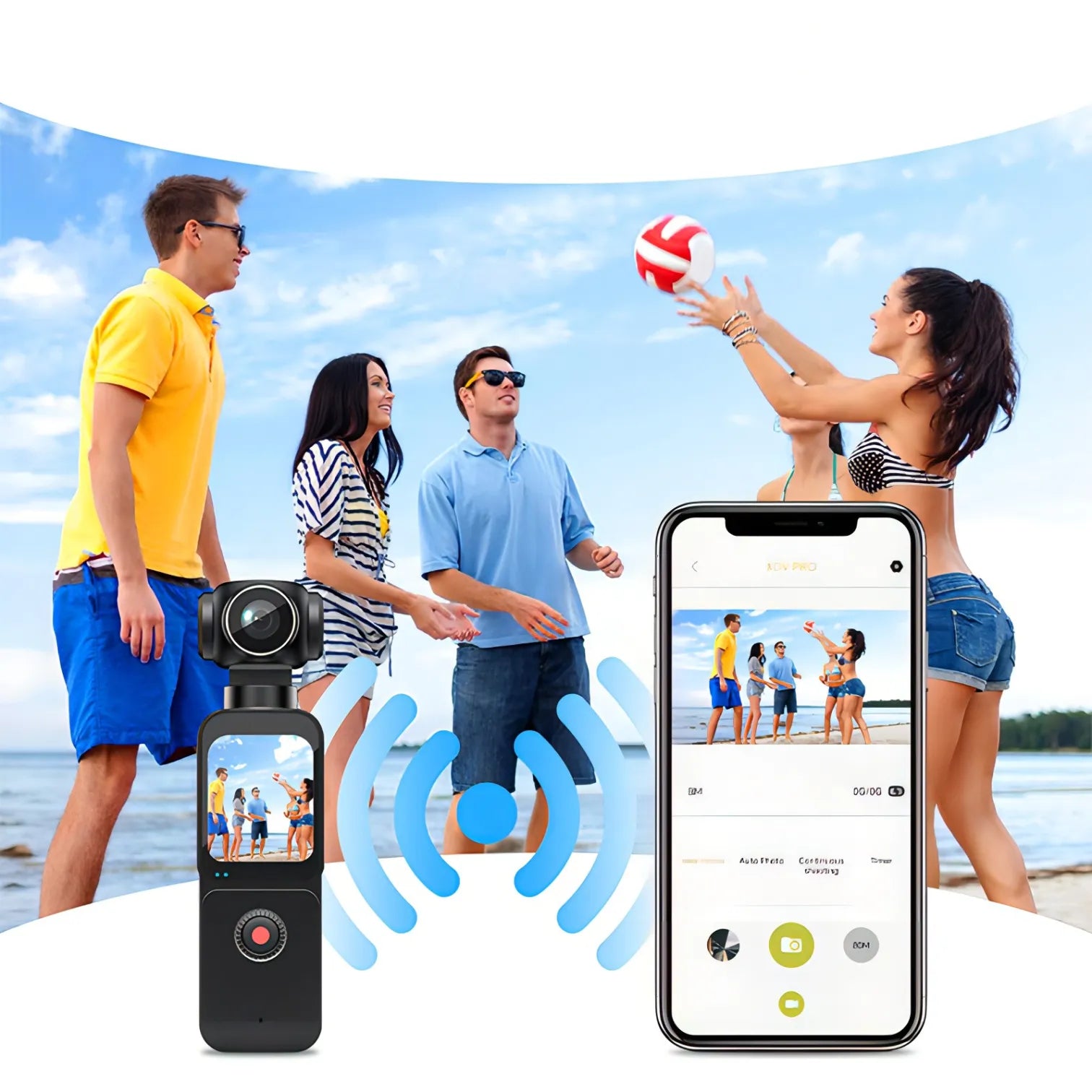 Smartphone mit App-Oberfläche, die eine Strandszene mit Volleyball spielenden Personen zeigt, und eine Lazvik Taschenkamera links daneben