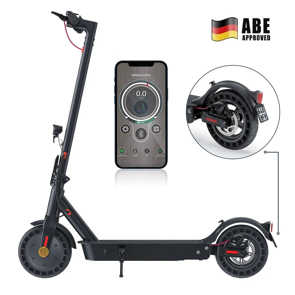 Schwarzer LynorHome E9 E-Scooter mit Straßenzulassung, Smartphone-App-Oberfläche, Raddetail und ABE-Zulassungslogo auf weißem Hintergrund