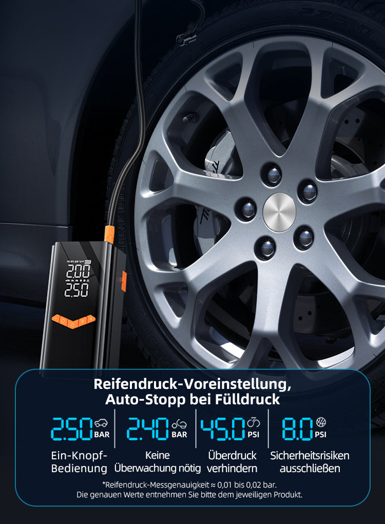 LynorHome 2-in-1-Starthilfe Powerbank & Reifenkompressor neben einem Autoreifen mit Reifendruckanzeige auf dem Bildschirm
