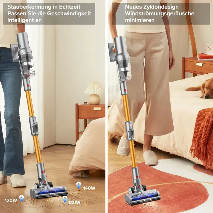 LynorHome Akku Staubsauger im Schlafzimmer in Verwendung mit Text auf dem Bildschirm