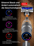 LynorHome Akku Staubsauger mit Digitaldisplay auf Holzboden und deutschem Text über Reinigungsmodi