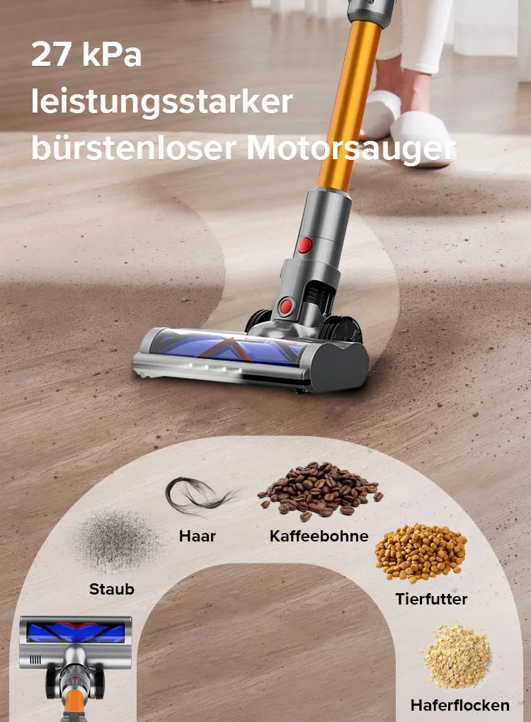 LynorHome Akku Staubsauger reinigt einen Holzboden mit Text und Illustrationen des aufgesaugten Schmutzes