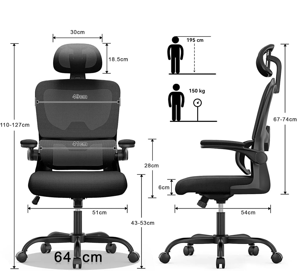 Schwarzer LynorHome Bürostuhl mit Maßangaben auf weißem Hintergrund