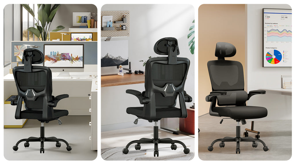 Schwarzer LynorHome Bürostuhl aus verschiedenen Blickwinkeln in einem Homeoffice gezeigt
