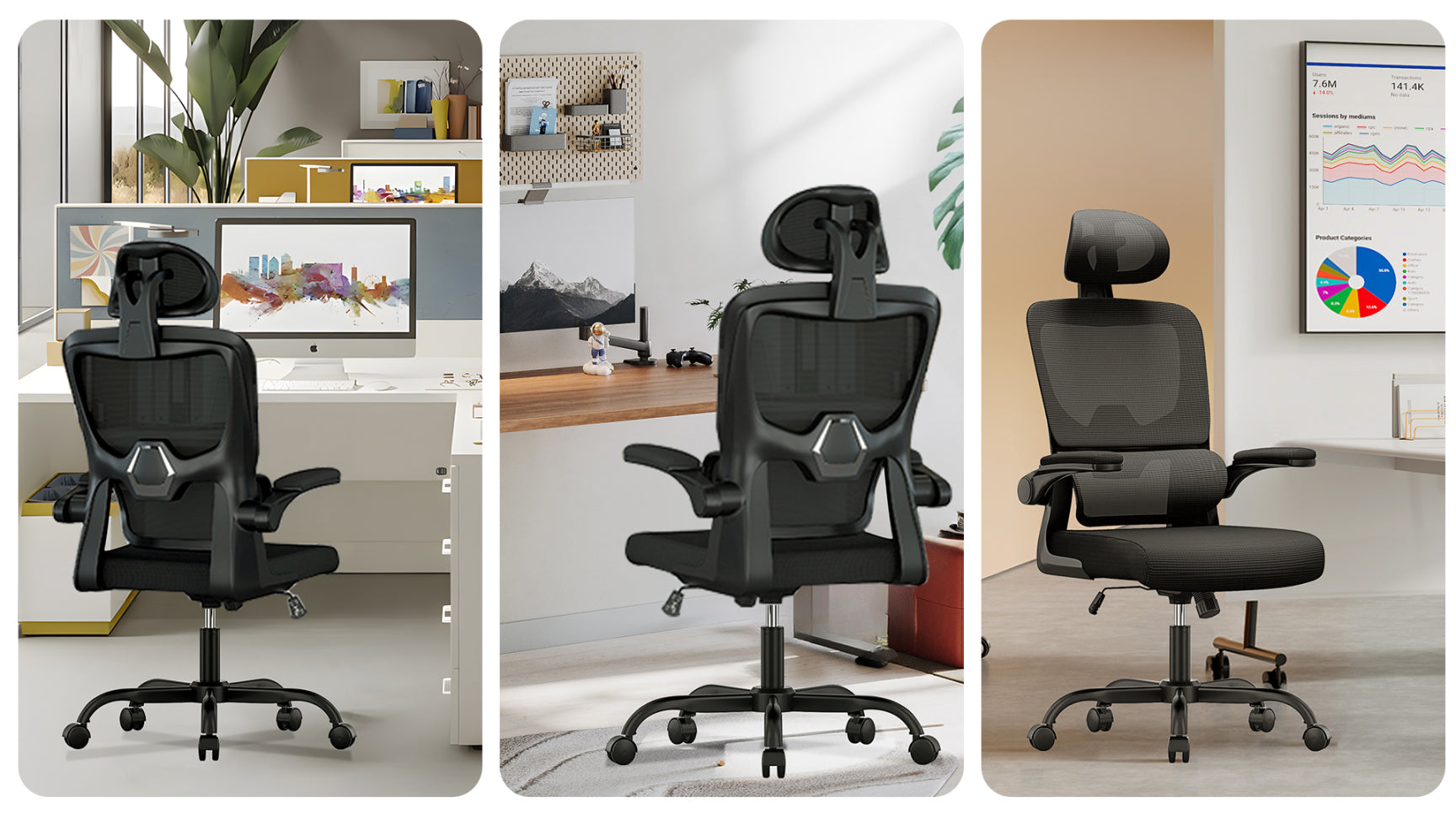 Schwarzer LynorHome Bürostuhl aus verschiedenen Blickwinkeln in einem Homeoffice gezeigt