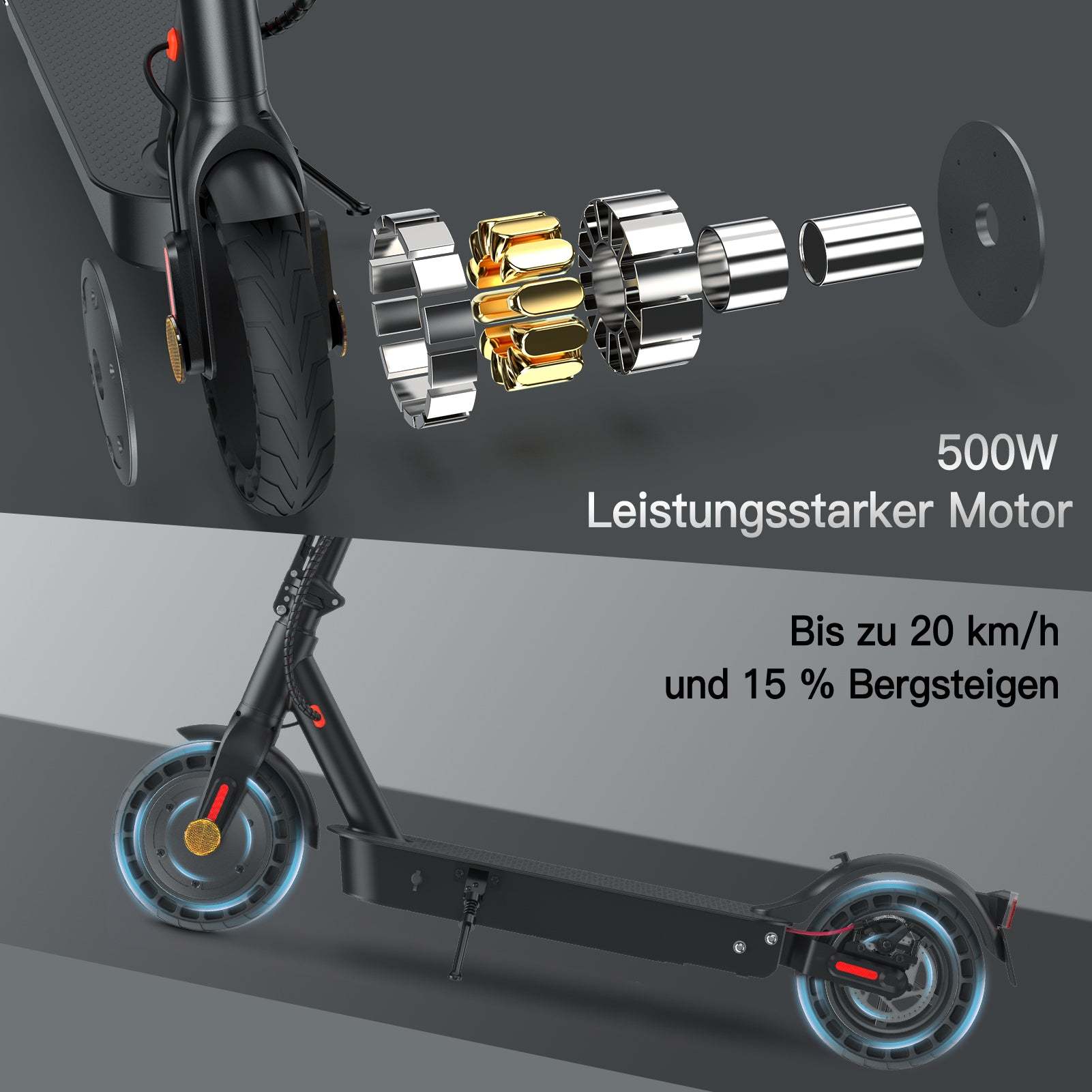 LynorHome E9 E-Scooter mit Straßenzulassung, Batteriestandsanzeige und Ladeinformationen auf grauem Hintergrund