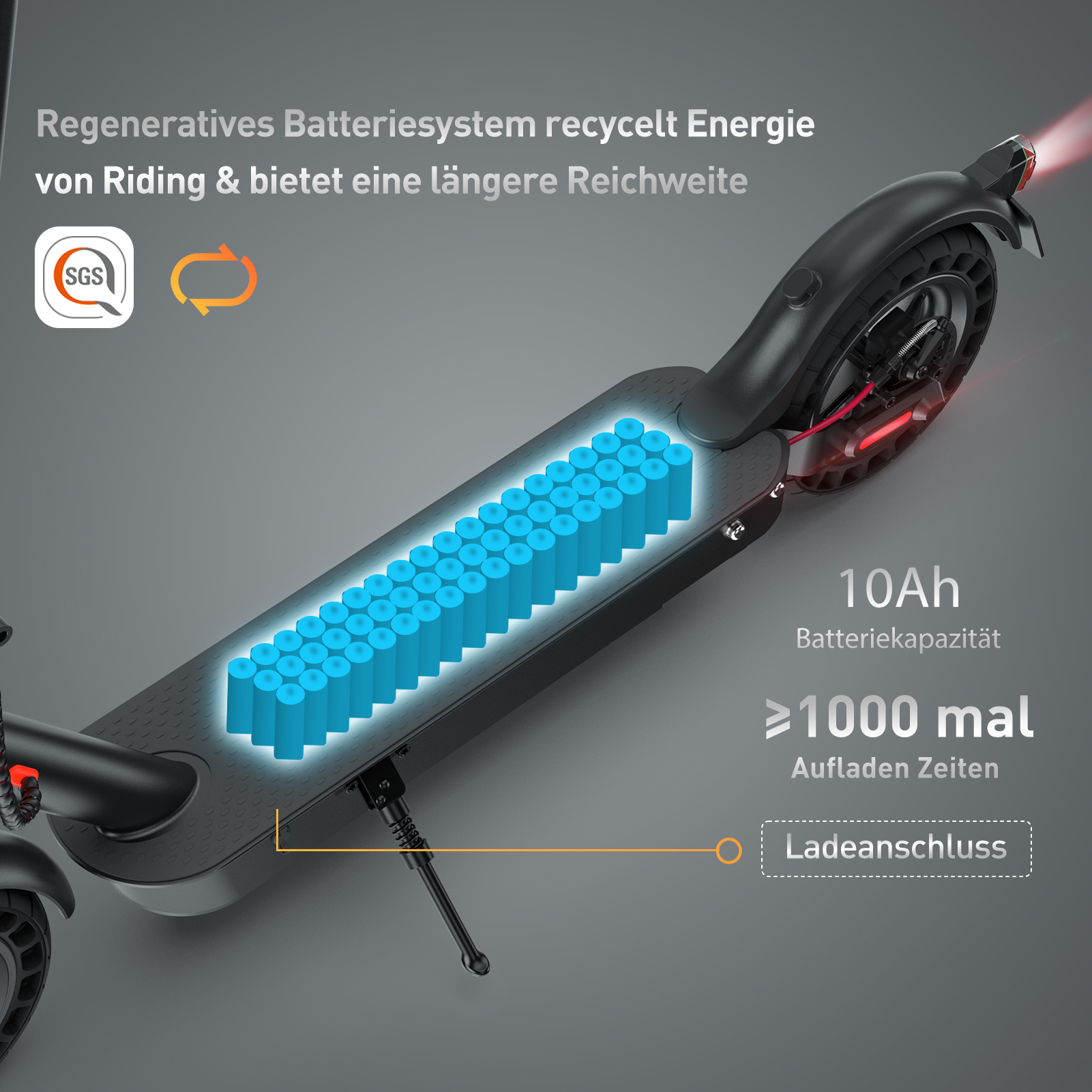 LynorHome E9 E-Scooter mit Straßenzulassung, Batteriestandsanzeige und Ladeinformationen auf grauem Hintergrund